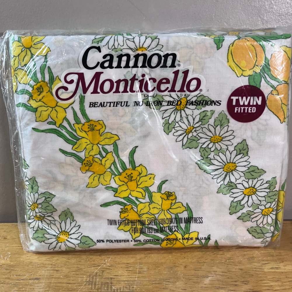 Vtg Cannon Monticello Twin Fitted Sheet Yellow Floral Daffodil Daisy NIP USA